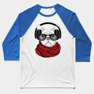 Dog in glasses, winter scarf and with headphones Baseball T-Shirt